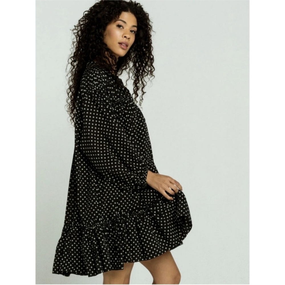 Free People Full Swing long sleeve tiered mini dress polka dot ruffle trim